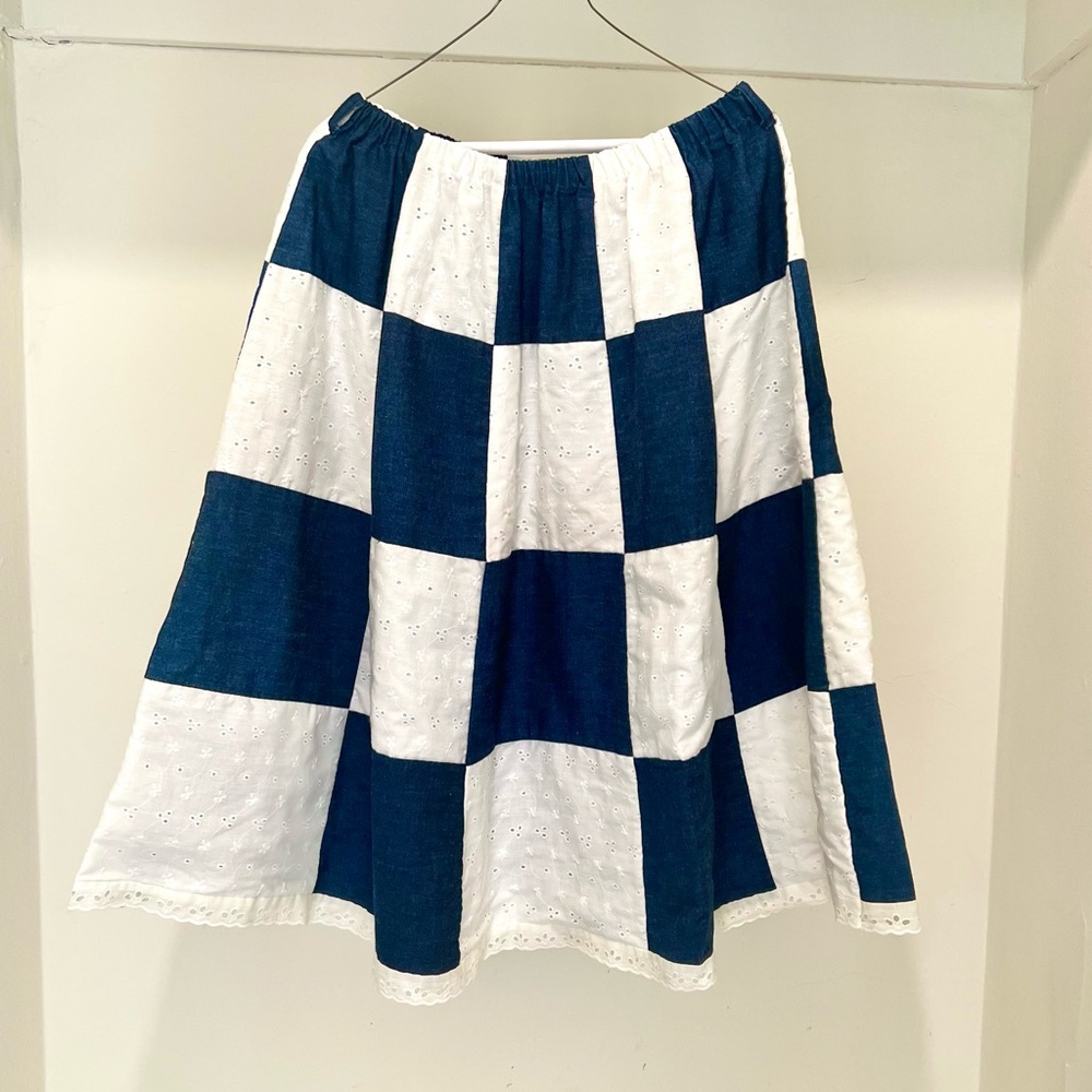 70s Vintage 🤍 Jordana Denim Chambray & Eyelet Checkered Skirt
